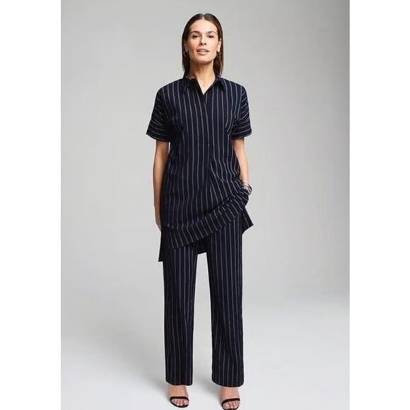 Chico’s Travlers Blouse Tunic Women’s 1(8/10) Navy Blue Strip Collard Button - Picture 1 of 8